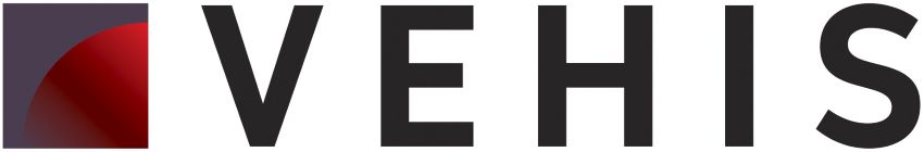 Logo z napisem "VEHIS" w czarnym kolorze. Z lewej strony czerwony gradientowy łuk na ciemnym tle.
