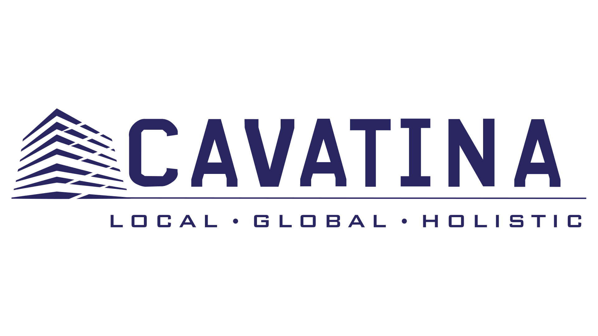 Logo z granatowym napisem "Cavatina" na białym tle. Pod spodem w jednym wierszu trzy napisy: local, global, holistic.