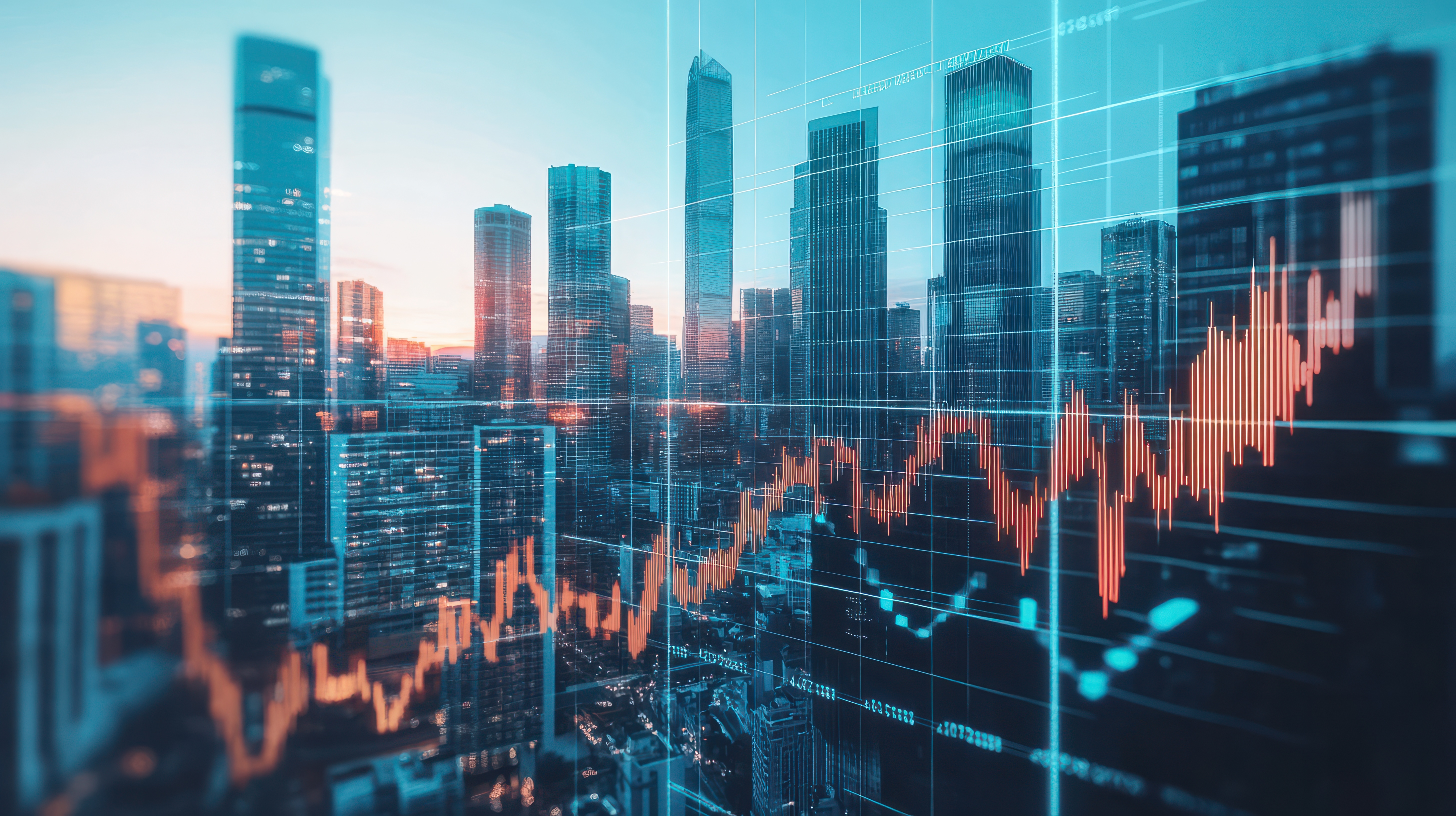 Pomarańczowy, rosnący wykres na tle panoramy miasta
