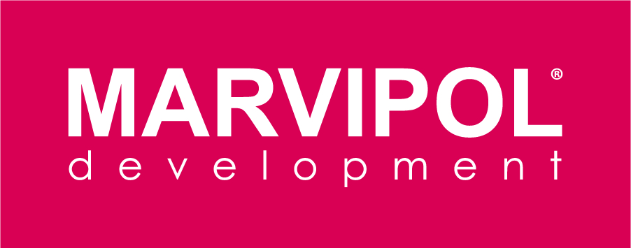 Białe litery na czerwonym tle tworzą napis "MARVIPOL development". Proste, nowoczesne czcionki na kontrastującym tle.