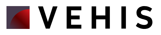 Logo z czarnym napisem "VEHIS" i ciemnoszarym kwadratem z czerwonym gradientem po lewej stronie.